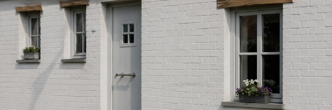 Façade avec porte d'entrée et fenêtres en PVC gris